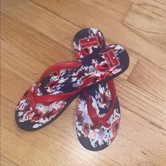 kate spade Shoes - Kate Spade Black and Red Floral Flip Flops